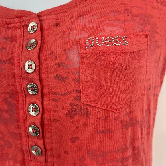 Guess Y2K Burnout Henley Womens Top Sz S Coral Sheer Coquette Grunge Bling Logo - Picture 4 of 12